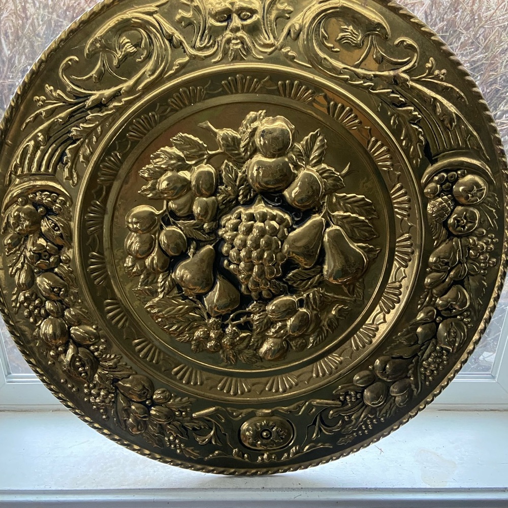 Vintage Embossed Brass Fruit Medallion Wall Hanging - Gold
